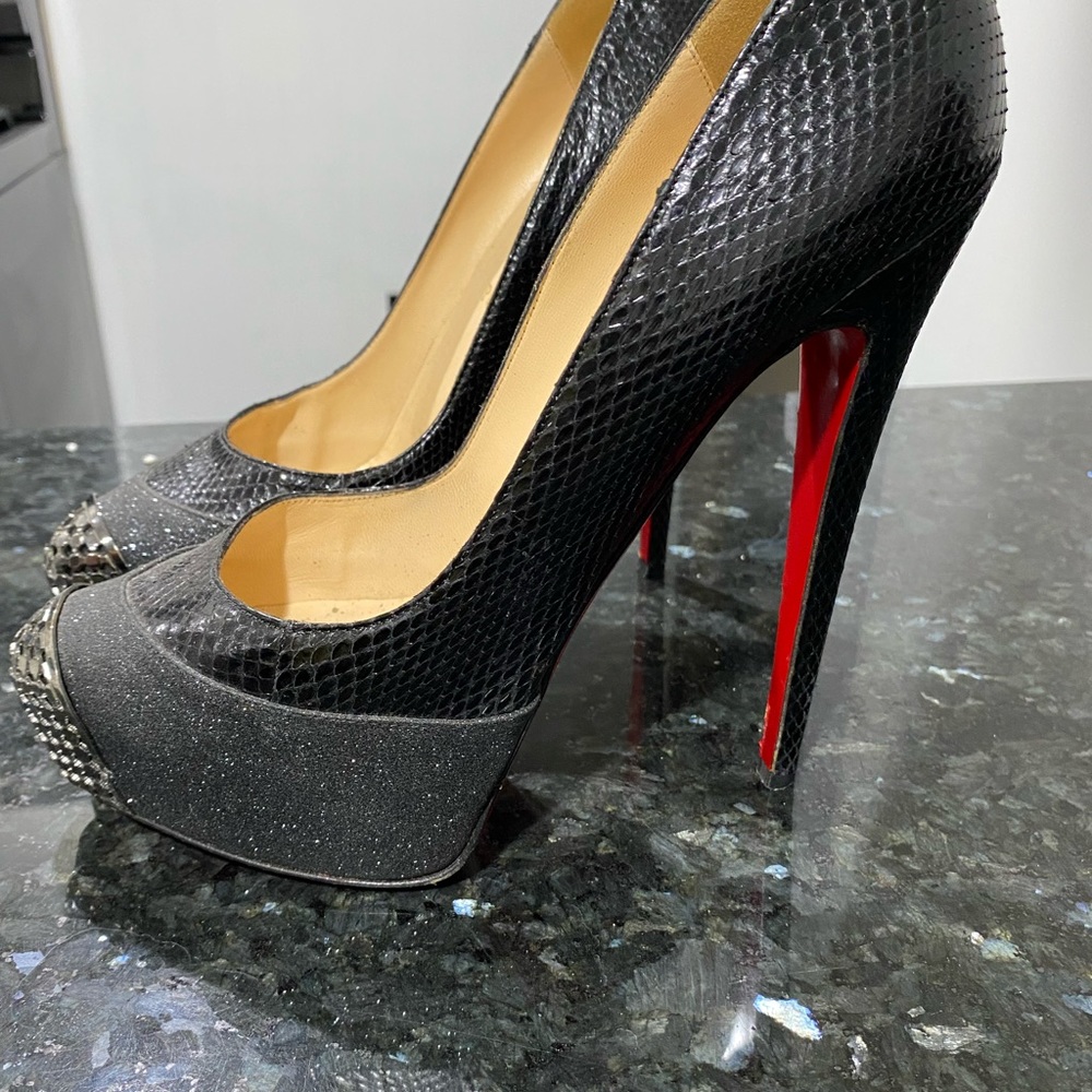 Christian Louboutin Black Snakeskin Peep-Toe Pumps with Red Soles